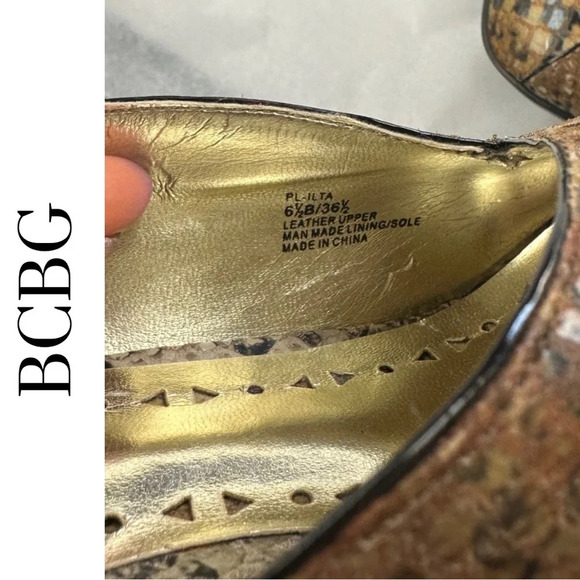 🛍️3/$40 BCBG Open Toe Platform Heel Shoe Snakeskin Brown Leather Upper Size 6.5 - Picture 7 of 9